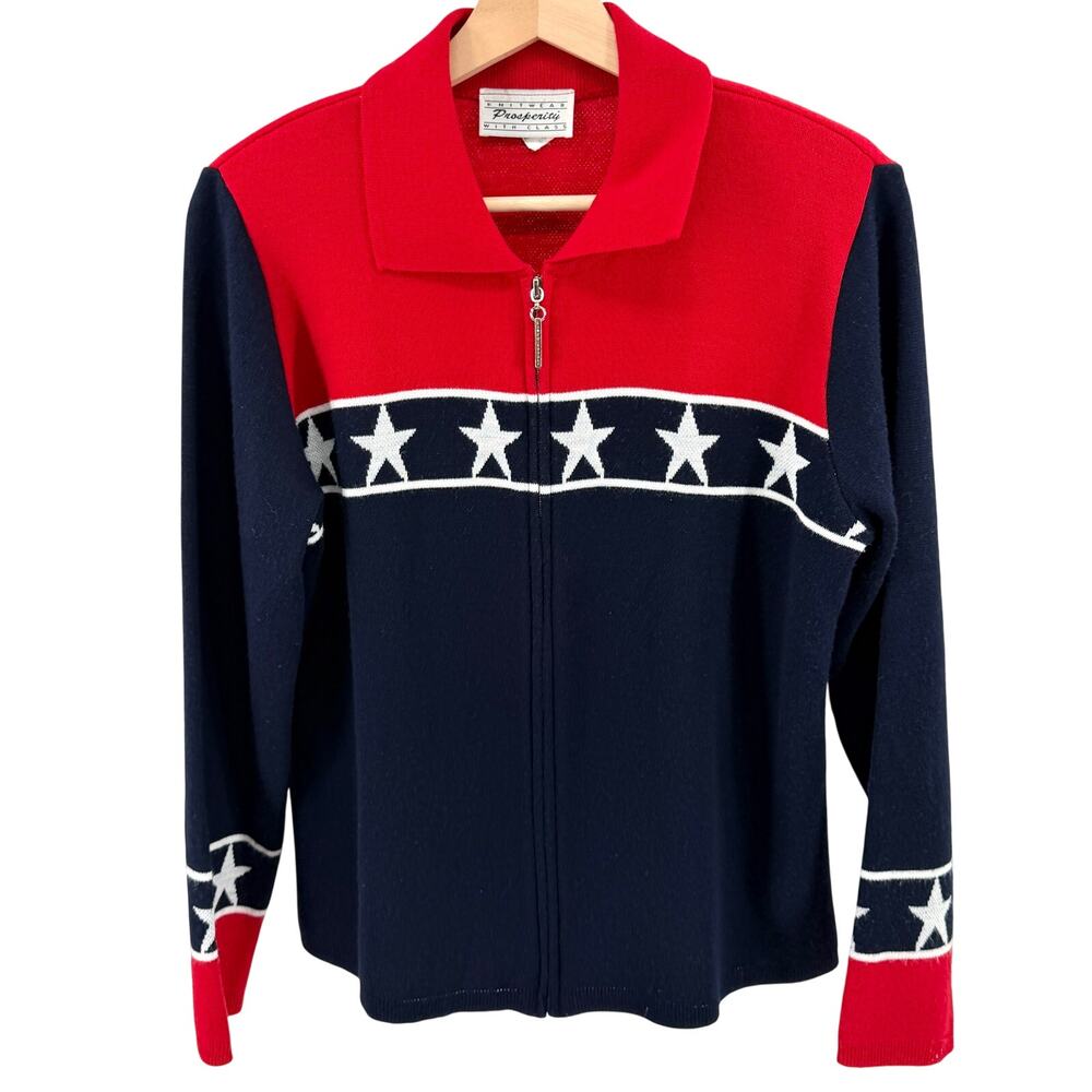 Vintage 90s Prosperity Red Navy White Flag Star Full Zip Cardigan